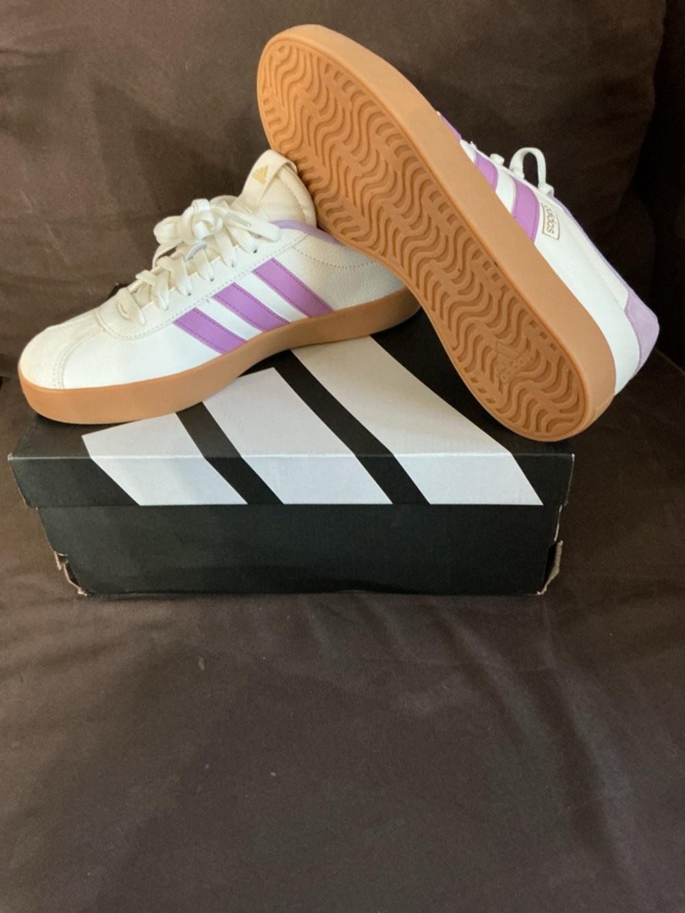 adidas White Sneakers with Lavender Stripes and Gum Outsole
